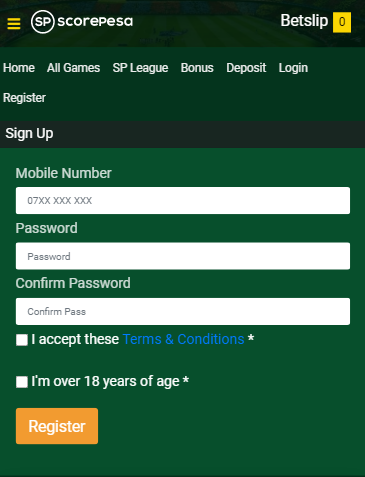 Register form on ScorePesa